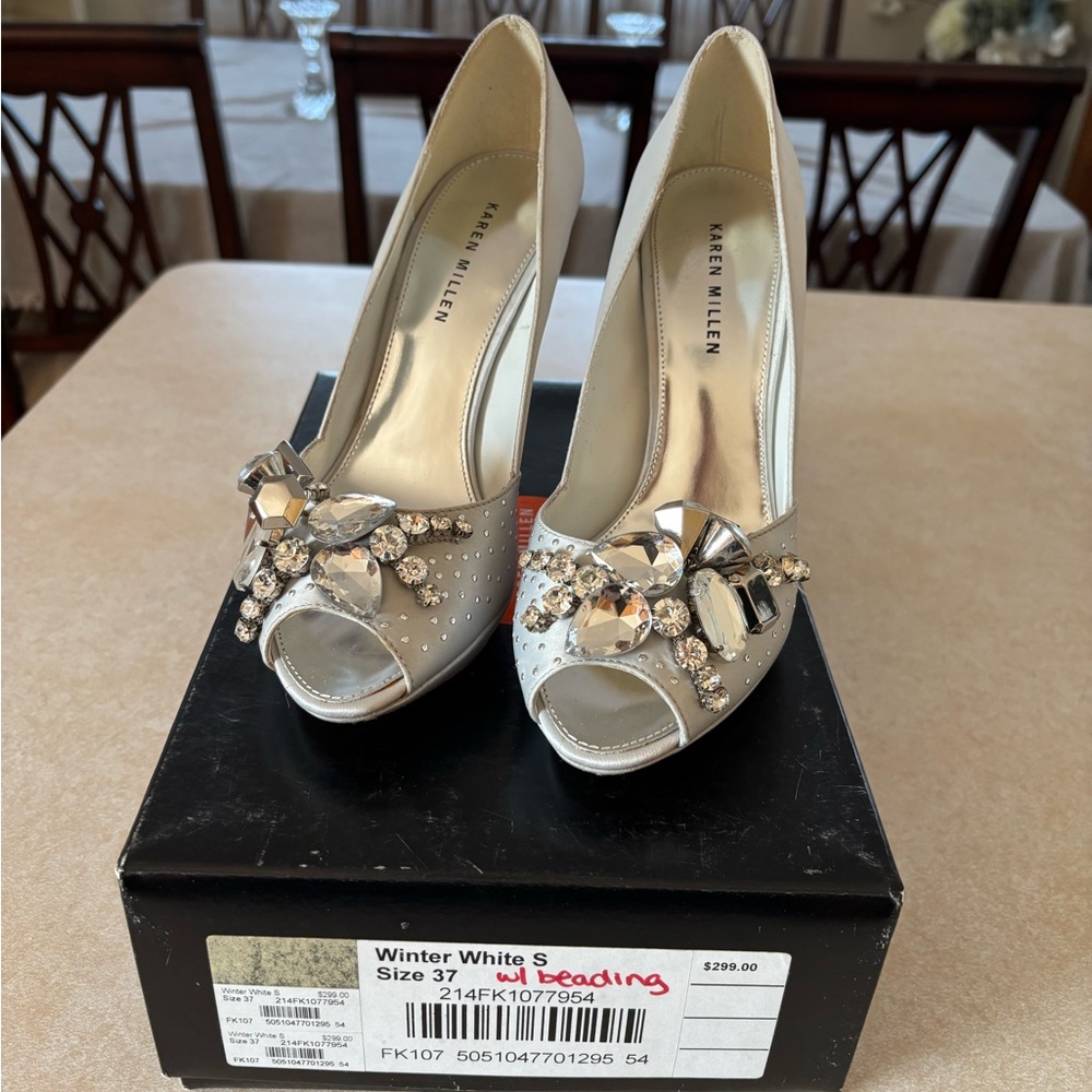 Karen Millen Ivory Peep-Toe Heels with Embellishments